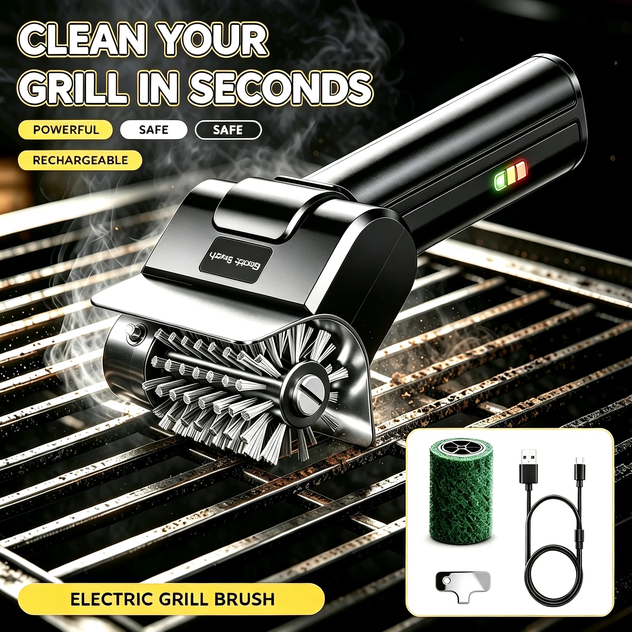 KEYDOORS Cordless Rechargeable Electric Grill Brush - 1100RPM Speed Cleaner with Curved Handle, Safety Guards, Stainless Steel Wires Scraper, 2000mAh Battery for Gas, Charcoal Grills