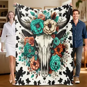 Funny Comfy Polyester Blanket floral cow skull flannel blanket, black and white with colorful flowers, soft, suitable for sofa, bed, office, all-seaso The Ultimate Christmas Present