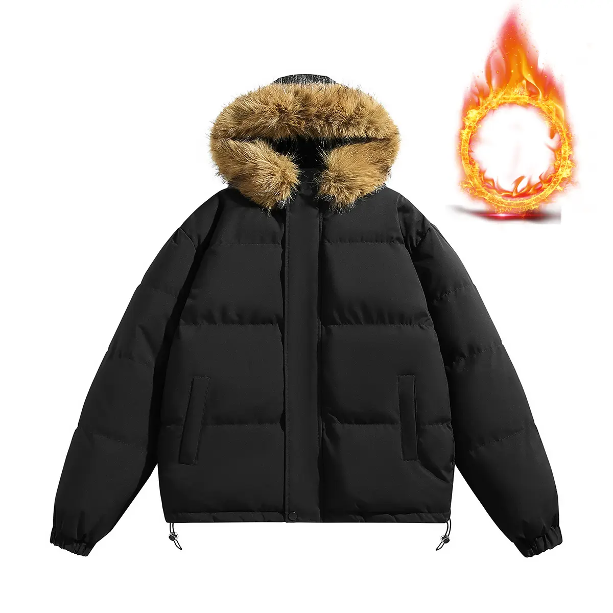 Men’s autumn/winter woven slim-fit solid-color fleece hooded jacket — long sleeves, decorative topstitching, hood, detachable faux fur collar, retro casual style, warm and versatile basic piece, black