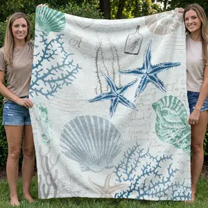 1pc Vintage Nautical Starfish and Shell Blanket, Comfortable Blue and Plush, Coral Reef Design, Hypoallergenic, Sofa Bed Beach House Decor, Mother's Day Gift
