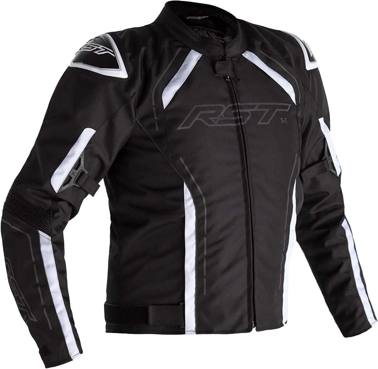 RST S1 CE JACKET BLACK/BLACK/WHITE TEXTILE - CE Level AA Armor with Reflective Panels & Neoprene Collar for Enhanced Visibility