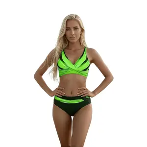 Neon Green Crisscross Bikini Set | High-Waisted Tummy-Control Swimsuit for Women, 2026 New Green/Black Color-Block Bikini | V-Neck Wrap Swimwear for Beach Vacations, High-Waisted Two-Piece Swimsuit | Neon Green Cross-Front Bikini for Pool Parties