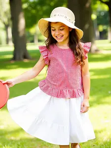Girls 2 Piece Summer Outfit, Red Gingham Ruffle Top & White Skirt, Cute Casual Kids Clothes for 8-12Y, Breathable Holiday Dress, Fine Girls Outfit, Summer Clothing Set