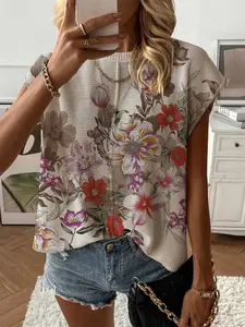 Summer Round Neck Short Sleeve Knit Top, Loose Fit Floral Print, Casual Elegant Commuter, Bikini Cover-Up, Women's Fashion, Womenswear, Lady