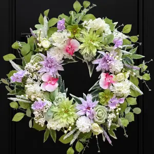 Bibelot 24-Inch Decorative Artificial Spring Flower Wreath with Dahlia, Hydrangea, Orchid for Front Door, Entryway Hand Decor, Home Wall Centerpiece, Wedding Festival Use