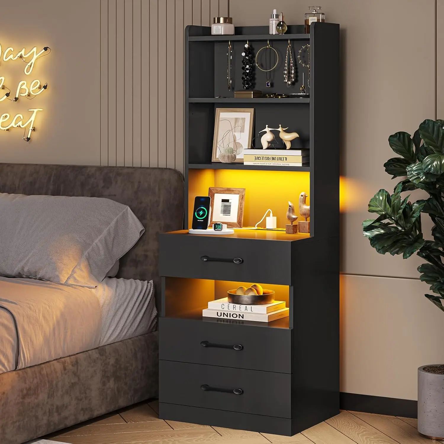 VIAGDO Tall Engineered Wood Modern LED Nightstand - 3 Drawers, Charging Station, Bookshelf, Storage, Assembly Guide, Casual Accent Furniture Side Table with Tabletop (Bedroom & Children's Room Use)