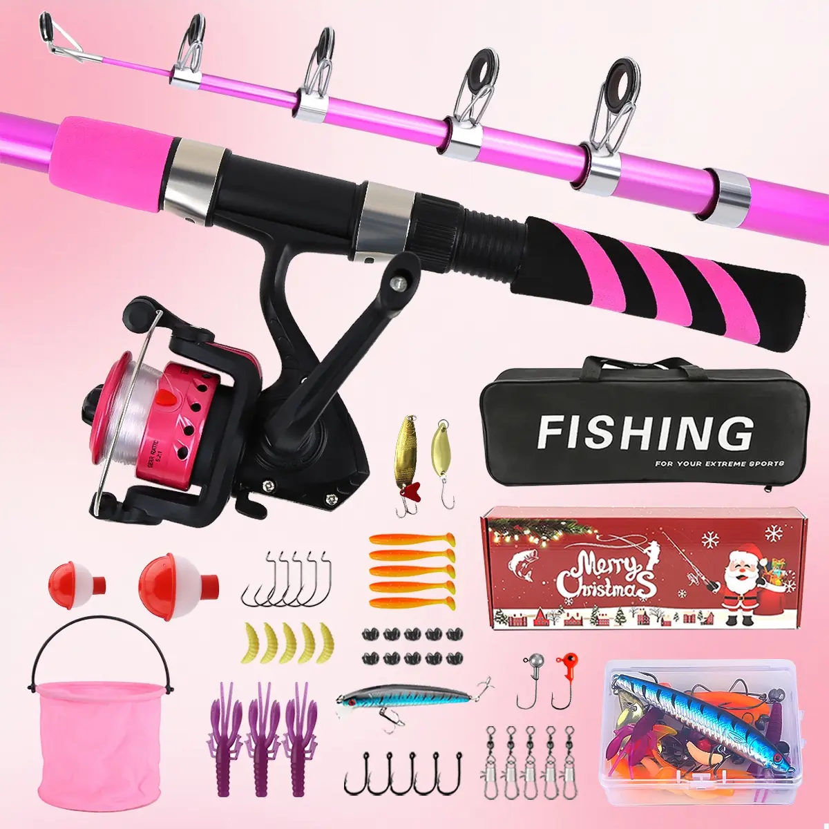 Christmas Gift Box Fishing Rod and Reel Combo Set, Fishing Rods and Reels, Telescopic Fishing Pole with Spinning Reel, Tackle Kit, Storage Bag & Bucket | All-in-One Freshwater Fishing Gear for Beginners, Hobbyists | Holiday Present for Anglers