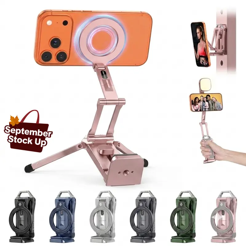 OMOTON TP02 Pro Foldable Adjustable Aluminium Magnetic Multifunctional Phone Stand - Portable Mobile Phone Mount, 360° Rotatable Camera Holder, Selfie Stick with 1/4" Screw, Arca Mount for Content Creators, Secure Holder for iPhone & Samsung
