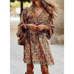 GGFL ChromaChic LEE Bohemian V Neck Knee Length Dress  Print Button Detail Fit for Women All Season Casual Formal Wear Elegant Style whimsigoth  outfits