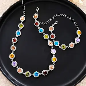 Veliora Gift B Bohemian Dopamine Colorful Rhinestone Artificial Crystal Necklace, Whimsical Necklace, Elegant Sparkling Jewelry for Women & Girls, Perfect Gift for Holidays & Birthdays Adjustable Heart Rate Couples Bracelet Set