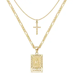Gold Layered Initial Cross Necklace, 14K Gold Plated Layering Square Letter Pendant Chain Cross Choker from A-Z Capital Jewelry for Women Girls