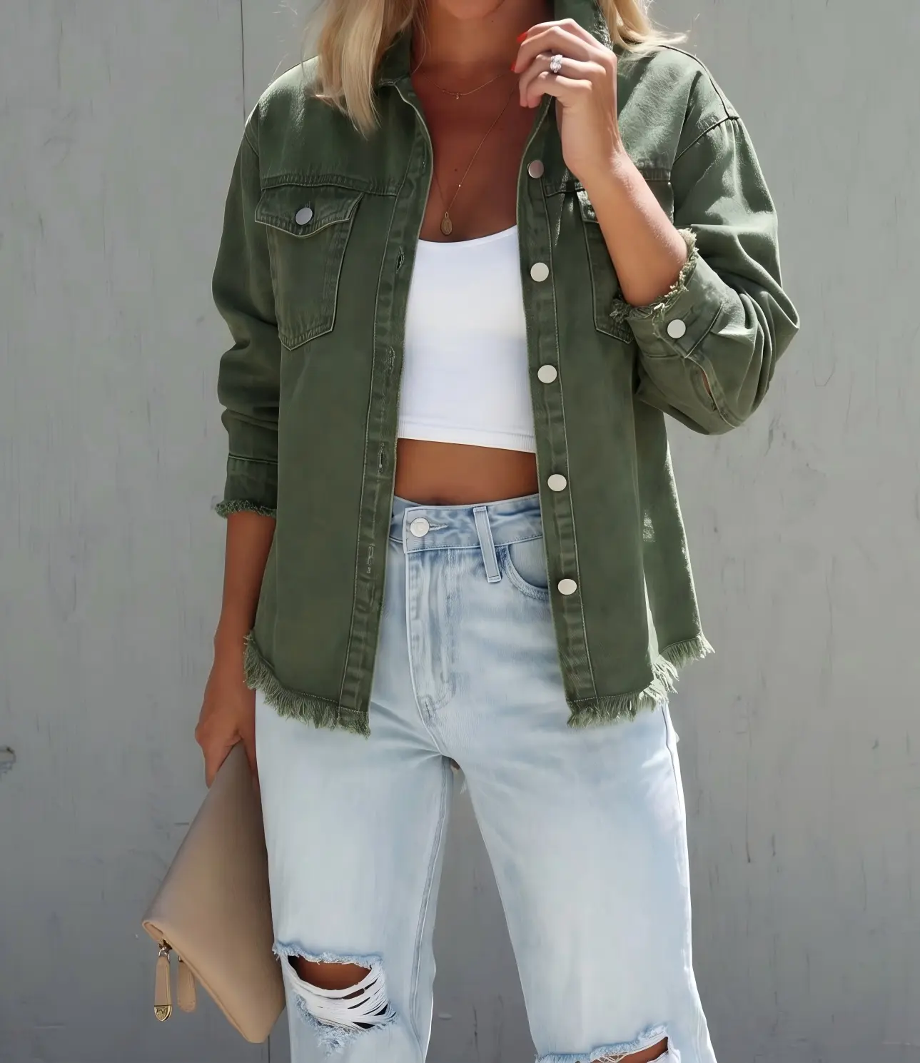 Women’s Oversized Utility Shacket Button Down Long Sleeve Jacket with Frayed Hem in Olive Green
