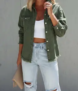 Olive Utility Jacket Oversized Button Down Shacket Frayed Hem Casual Denim Jacket