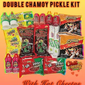 Double Chamoy Pickle Kit with Hot Cheetos, Gushers, Fruit Roll Ups, Liquid Lucas, Lucas Powder, Red Lucas Lollipop Powder, Skwinkles, Pelon Pelo Rico Pushup Tamarind Candy, Pica Limon and Limon packets Snack Kit Candies