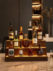 LED Lighted Liquor Bottle Display Shelf – 24" Bar Shelf with App & Remote Control, Music Sync, 3 Step Walnut Illuminated Bottle Holder for Home Bar, Party – American Design, Quick Setup customized