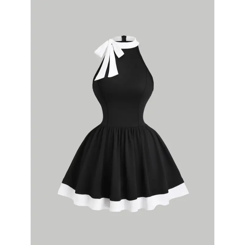 summer  new style dress unique curvy women Elegant Loose Black & White Two-Tone Sleeveless Dress with Bow Detail - Chic Mock Neck, Flared Hem, Perfect for Commuting, Dates, and Casual Outings, Commuting | Neck Fabric Womenswear Polyester Fit