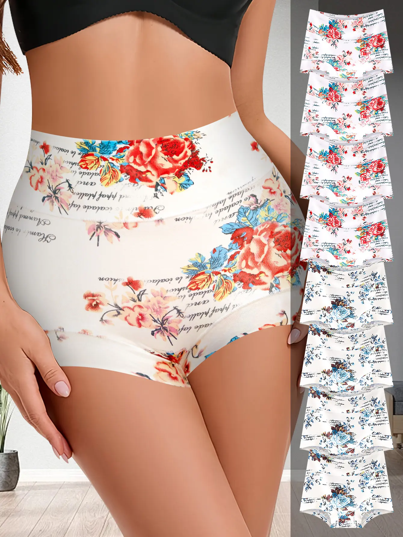 QUASTI 8 Pack Women Cotton Boyshorts Underwear with  Floral,High-Waist Seamless Boxer Briefs,Soft Breathable Stretch Full Coverage Stretch Boxer Shorts of Womenswear Perfect for Daily wear