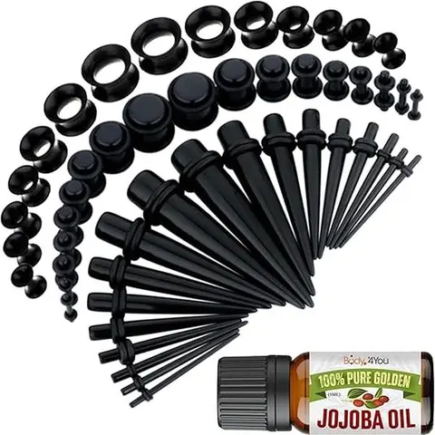 BodyJ4You 54PC Ear Stretching Kit 14G to 12 mm - Acrylic Tapers and Plugs, Silicone Tunnels, O-Rings and Organic Jojoba Oil