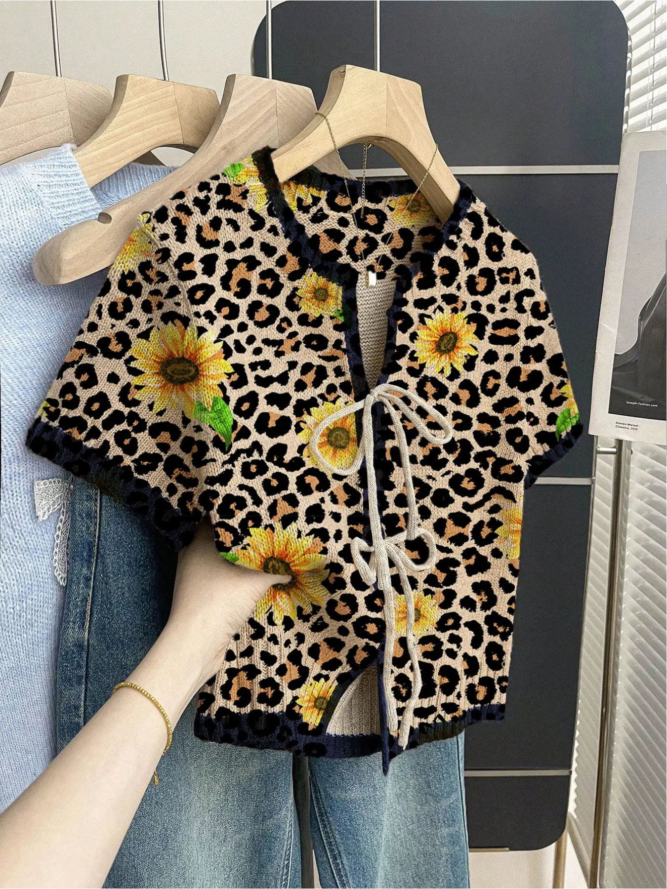 Women's khaki bohemian vacation short-sleeve colorblock knit top. Loose round neck, contrast patchwork leopard print, front tie and contrast piping. Perfect for spring & summer casual wear. Womenswear Lady