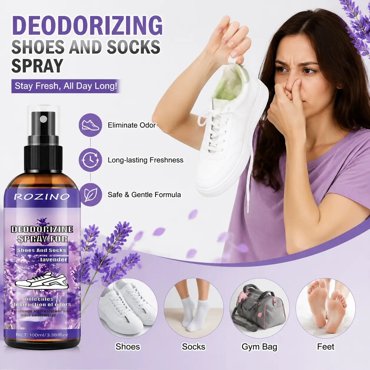 Lavender Footwear Deodorizing Spray - 100ml Fine Mist for Daily Use, Odor Control to Keep Shoes & Socks Fresh All Day