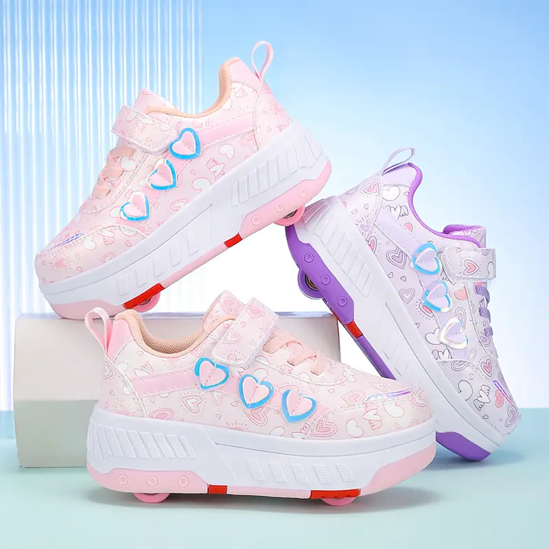 Girls' 2-in-1 Retractable Wheel Roller Skate Shoes, Breathable Love Print Sneakers, Lightweight for Beginners, Lightweight Scooter