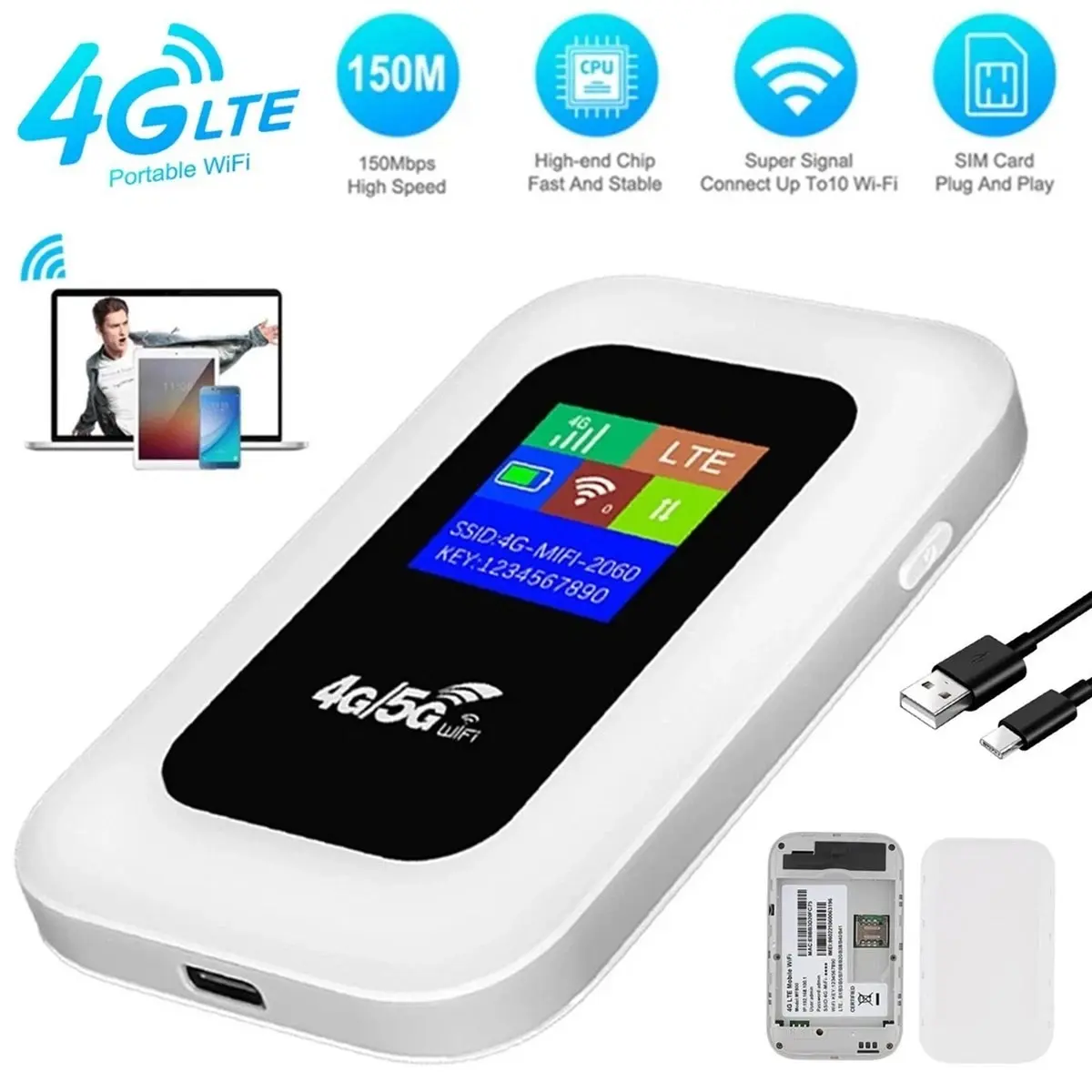 Unlocked 5G LTE Mobile Broadband MIFI Router, Wireless WiFi Router with LCD Display 3000mAh