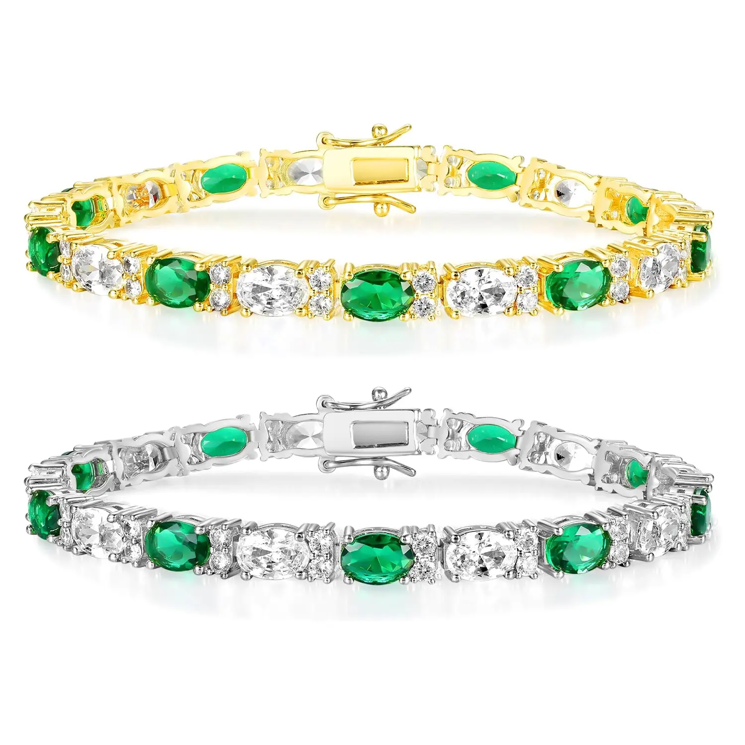 GEMSME Unisex 6.5-8.5in Golden Chain Bracelet ATS63749 - 3*5mm Oval Green & White Cubic Zirconia, Exquisite, Stackable, Neutral Luxe, Brilliance Shine Bangles, Easy to Style Durable Daily Wear Costume Jewelry (Birthday Gift Option), Exquisite Bracelet