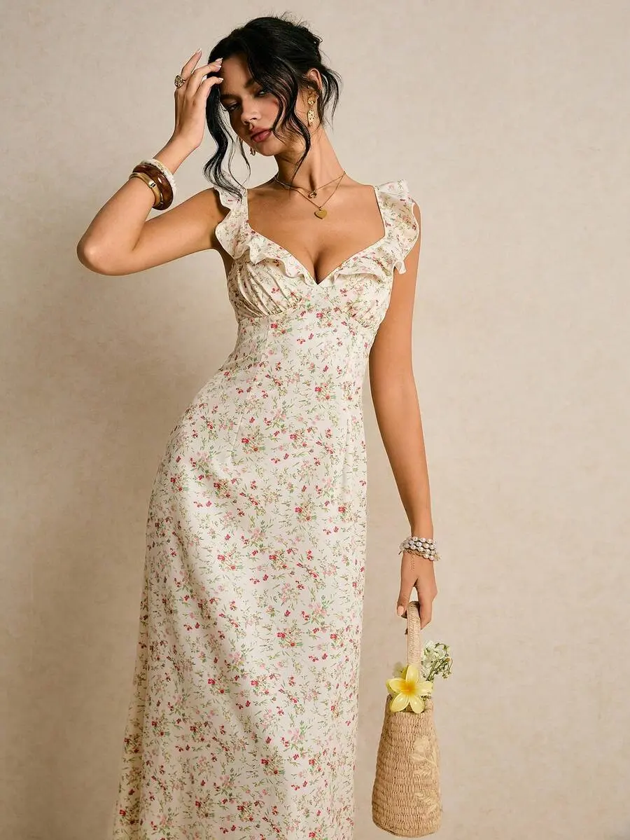 HERMIA Women's Floral Ruffle Sweetheart Maxi Dress,Vintage Cottage Core Cream Flowy Summer Wedding Guest Dress,Holiday Tea Party Holiday Milkmaid Sundress