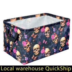 Foldable Storage Hamper with Pink & Purple Rose Skull pattern, Heavy-Duty Oxford Fabric, Space-Saving Collapsible Bin for Bathroom, Bedroom, Party Decor - Spooky Home Organization Gift for Halloween Party Decoration, Contemporary Design, Shelf Baskets