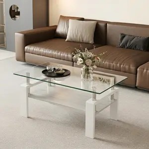 Modern Rectangle Coffee Table with Tempered Glass Top & Sturdy Iron Legs, Extra Storage Shelf for Living Room, Easy Clean, Transparent, Durable Rustproof Frame