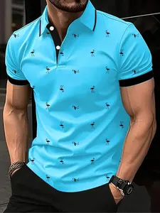 Men's Flamingo Print Tropical Polo Shirt, Regular Fit Casual Short Sleeve Top for Summer, Men's Clothes for Daily Wear