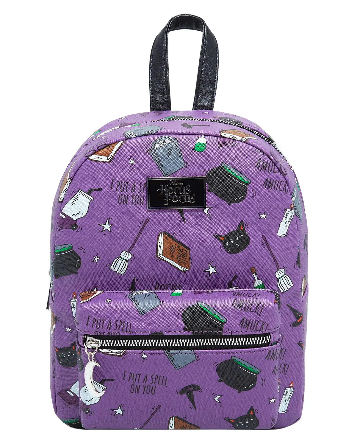 Disney Hocus Pocus Spell Book Binx Cauldron AOP Faux Leather Mini Backpack Bag 11"