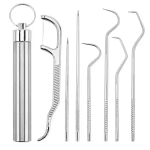 Niwedah 7Pcs Portable Stainless Steel Toothpicks Pocket Set, Reusable Metal Toothpicks Cleaning Kit with Holder for Outdoor Picnic Camping Traveling