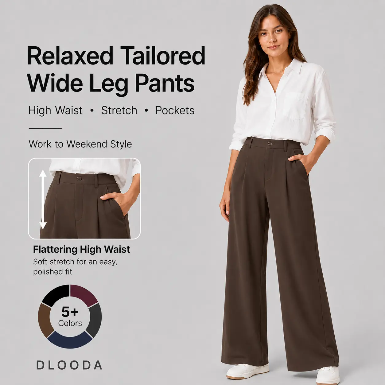 DLOODA Women’s High Waist Stretch Relaxed Tailored Wide Leg Pants with Pockets - Pants for Women, Work, Business Casual, Casual Fashion Trousers for Work & Weekend Wear, Work Pants,back to school shopping