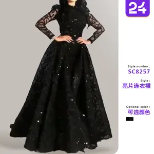 2025 Spring New European and American Cross-border Women's Dress Round Neck Long Sleeve Sequin Puffy Evening Dress