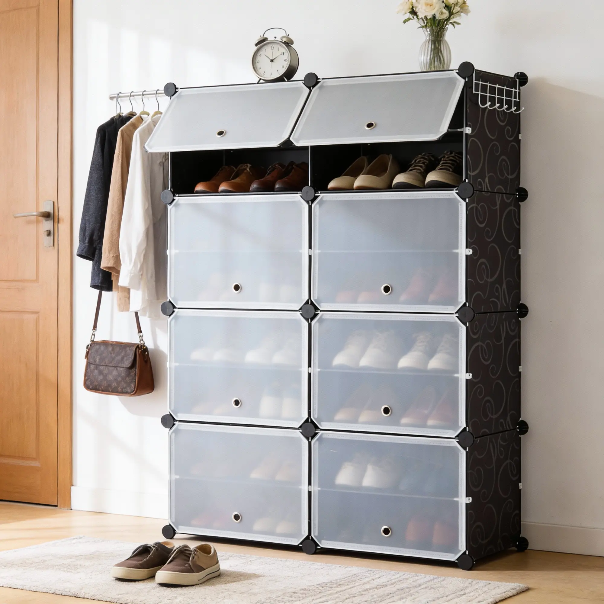 Plastic Waterproof 8-Tier Large-Capacity Shoe Storage Cabinet with Doors and Hooks, Modular Shoe Storage Organizer for Home Entryway, Water Proof