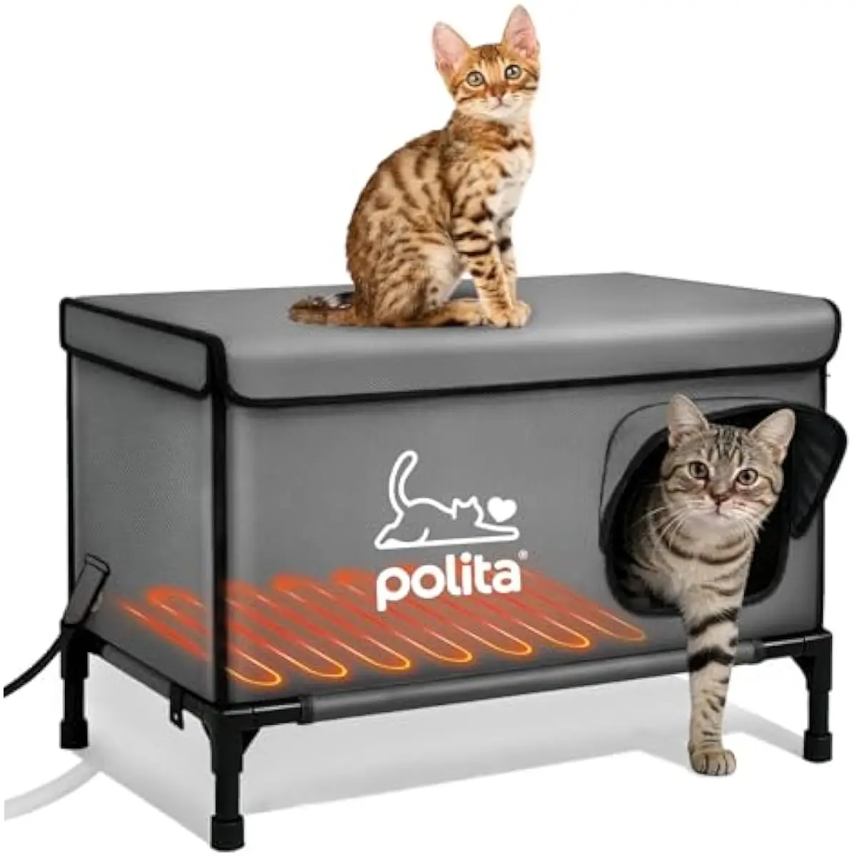 Polita Indestructible Heated Cat House for Outdoor Cats All Seasons, Extremely Insulated & 100% Weatherproof, Elevated Feral Cat Shelter with Waterproof Eaves &Safe Escape Door for Stray & Barn Cats​​ Home Enclosed