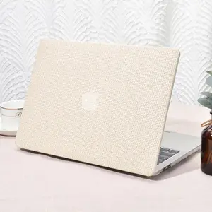 Compatible for MacBook Pro 13 inch (2016-2023, M1, M2, A2338, A2251, A2289, A2159, A1989, A1708, A1706) Case, Elegant Leather Plastic Hard Shell Transparent Keyboard Cover with Beige Woven Fabric