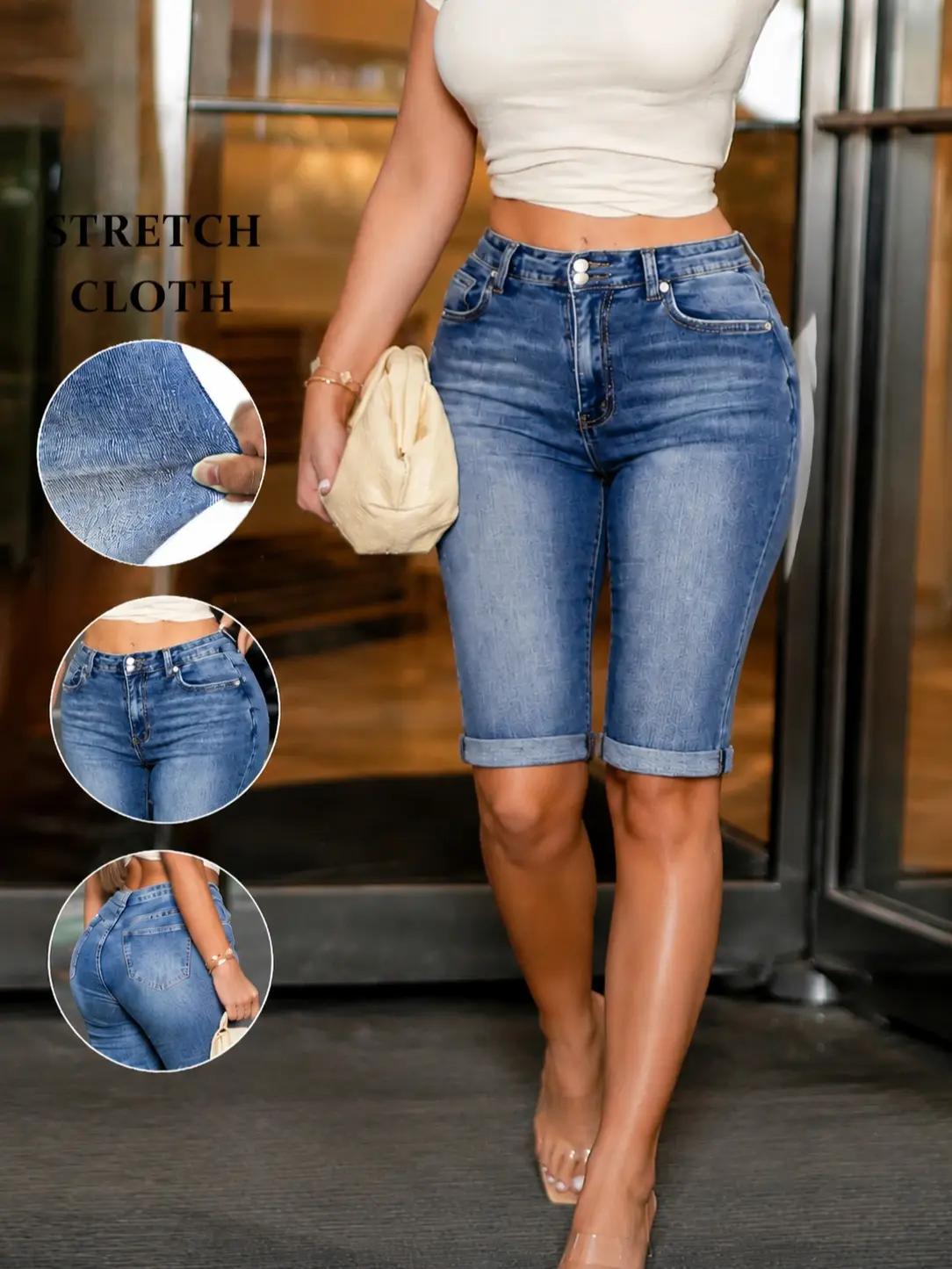 Women's Stretchy High-Waisted Ripped Cuffed Denim Bermuda Shorts with Back Pockets