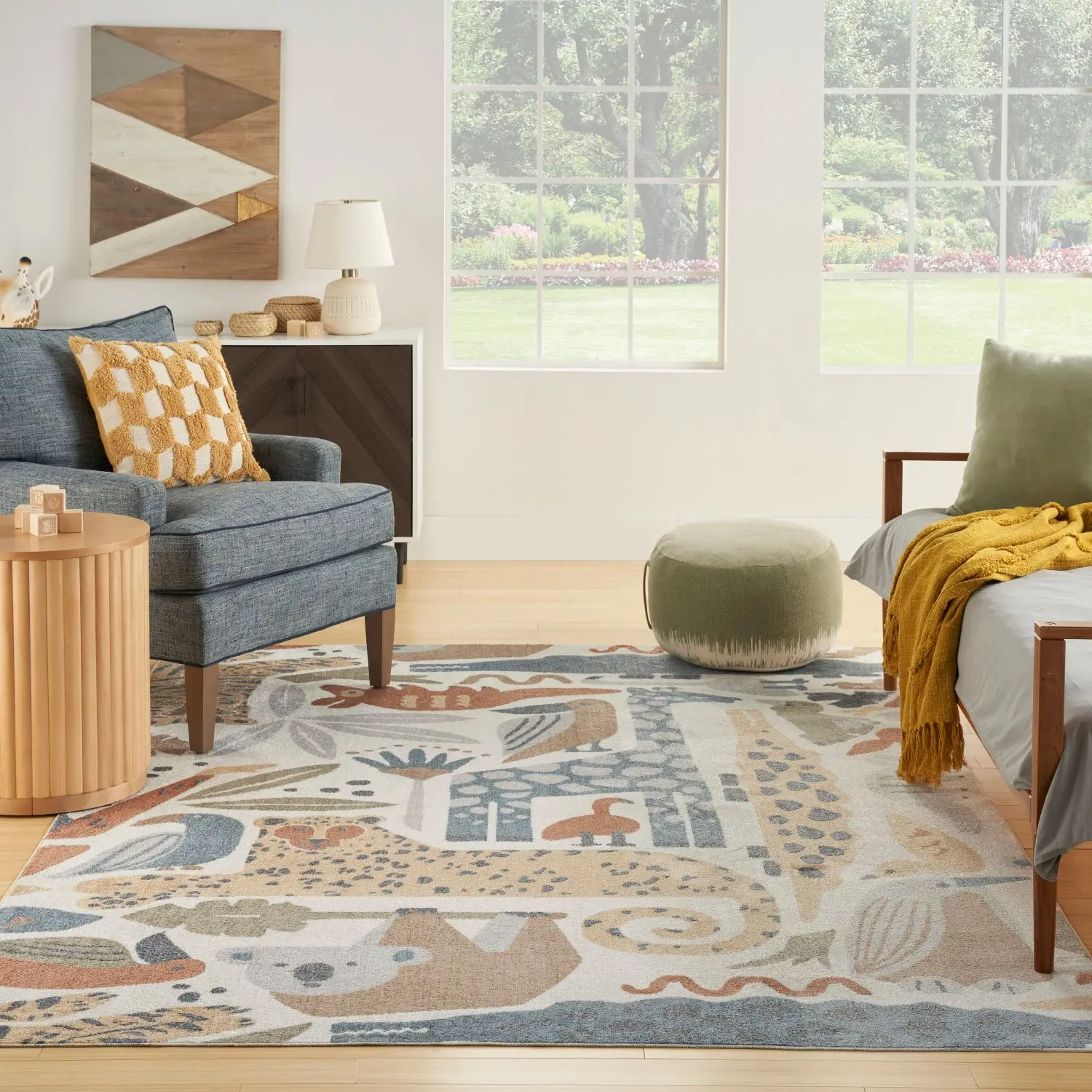 Nourison Cozy Indoor Area Rug for Kid Bedroom, Washable Flat-Weave Soft Textured Rug with Cute Cartoon Animal Print, Safari-Themed Household Textile for Animals-Loving Kids