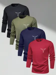 4-Pack Men's Lightweight Long Sleeve T-Shirt with Bull Head Print for Spring and Fall - Casual, Versatile, Perfect for Vacation, Sports, Outings, Simple Top - Gift Idea for Boyfriend or Husband, Suitable for Commuting Fabric Menswear Crewneck Tshirt