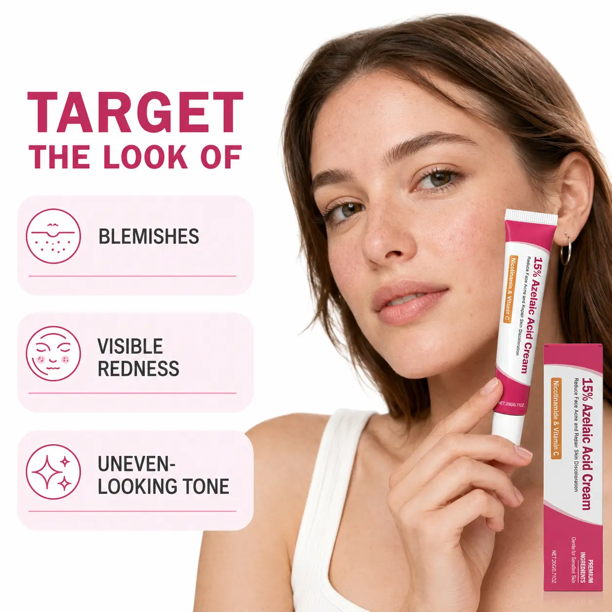 15% Azelaic Acid Anti-Acne Cream with Niacinamide, Vitamin C - Daily, Gentle, Moisturizing Treatment for Acne, Redness, All Skin Types, Pimple Removal Acne Treatments