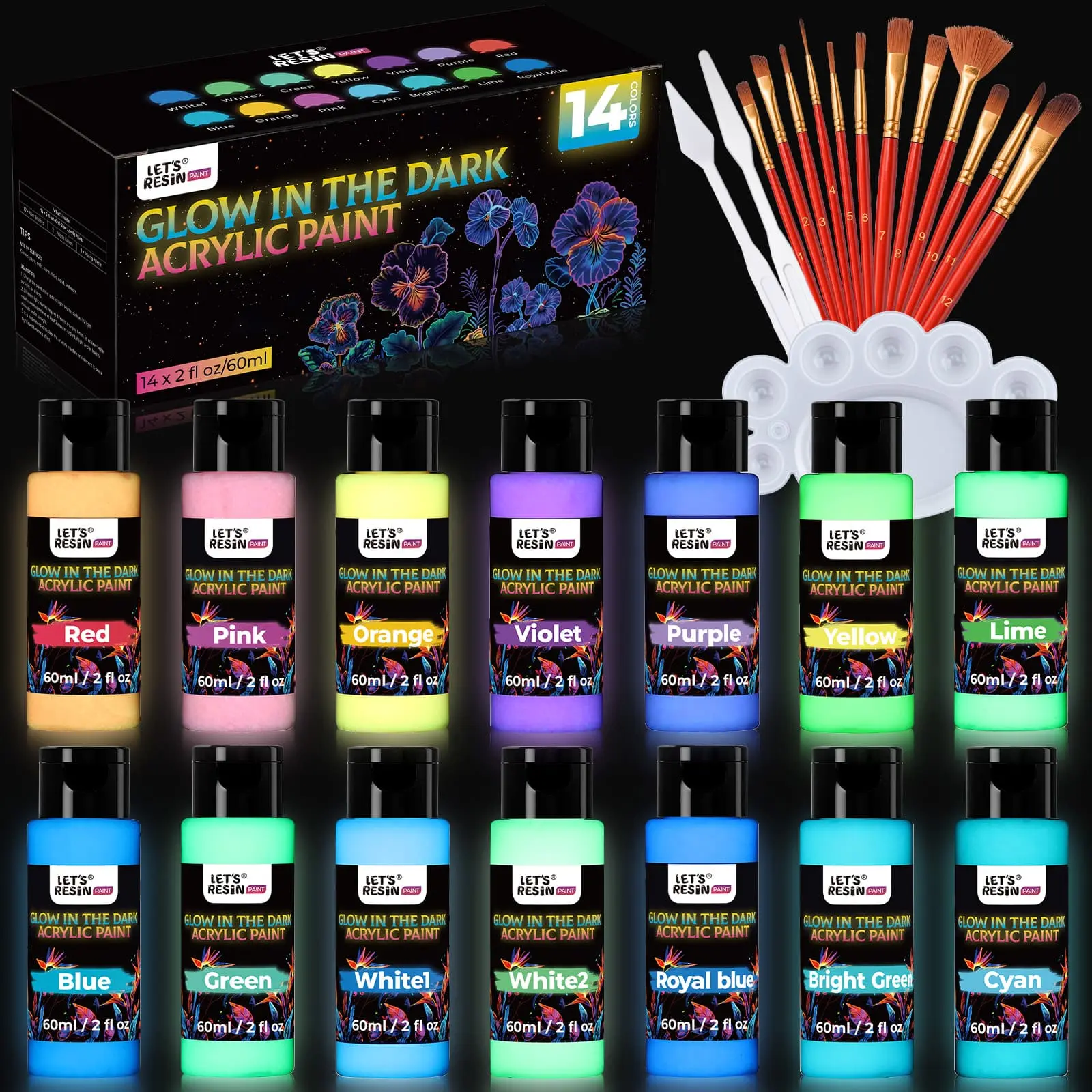 LET'S RESIN High Quality Pigment Glow in the Dark UV Fluorescent Acrylic Paint Set, 14 Colors 60ml Each with 12 Brushes, 2 Knives & Palette, Fade-Resistant for Creative Soul Ceramic, Glass, Fabric Rock Painting-Halloween Decor