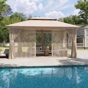 10x12 FT Aoxun Outdoor Gazebo, Heavy Duty Metal Frame Double Roof Canopy Tent with Mosquito Netting & Privacy Screen, Patio Backyard Lawn Garden Deck Party Shelter, Khaki