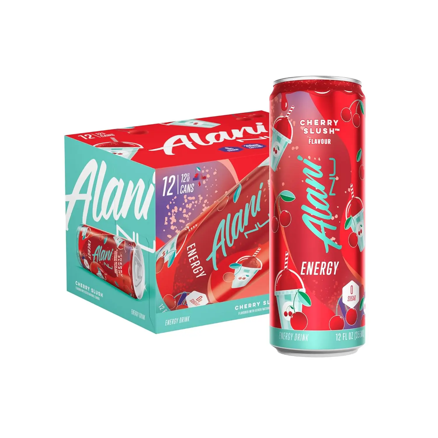 (A)Alani Nu CHERRY SLUSH Sugar Free, Low Calorie Energy Drinks, 200mg Caffeine, Biotin B Vitamins, Zero Sugar, 10 Calories, 12 Fl Oz Cans, 12 Pack