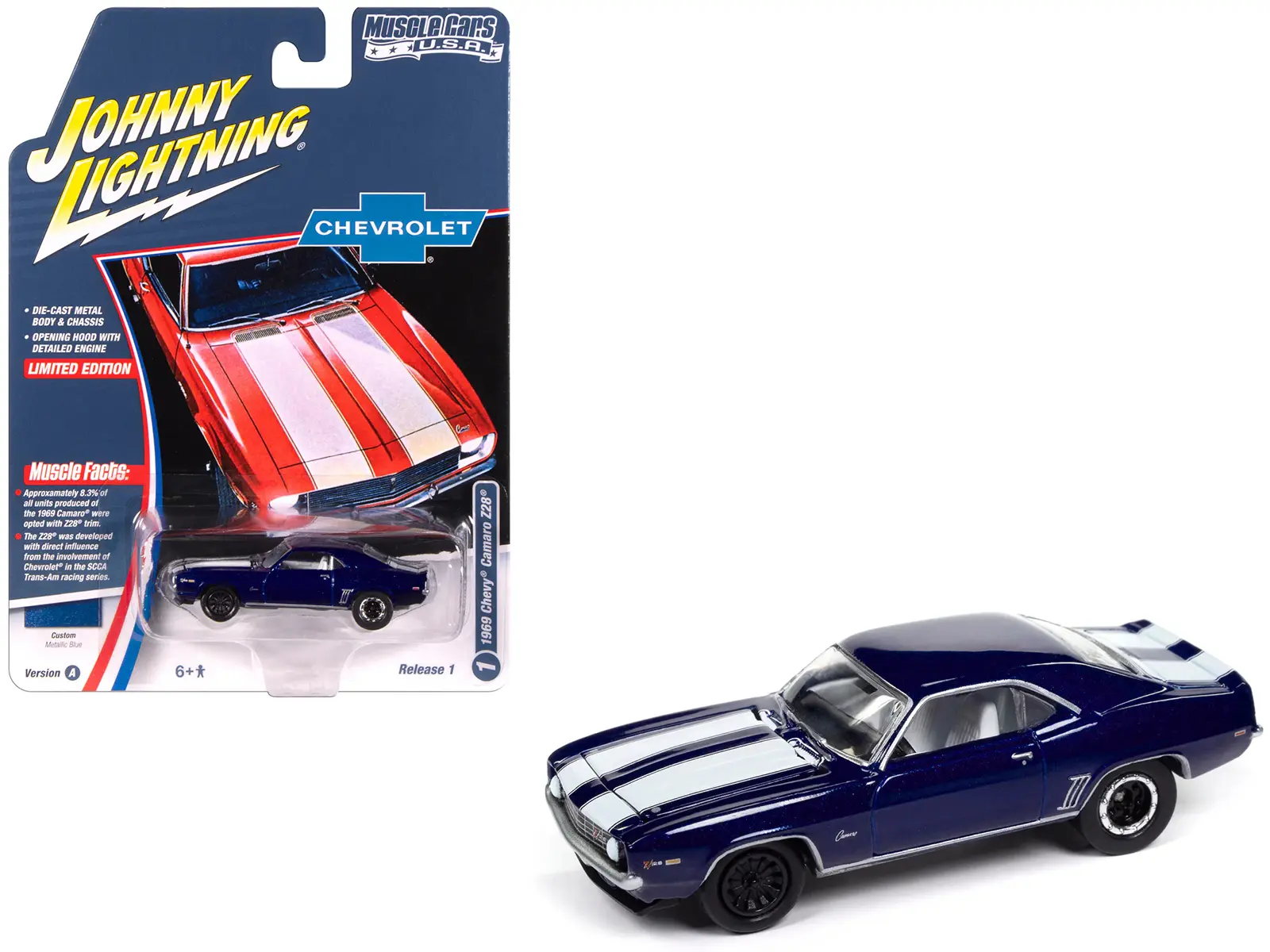 1969 Chevrolet Camaro Z28 Blue Metallic with White and Interior "Muscle Cars USA" 1/64 Diecast Model Car by Johnny Lightning