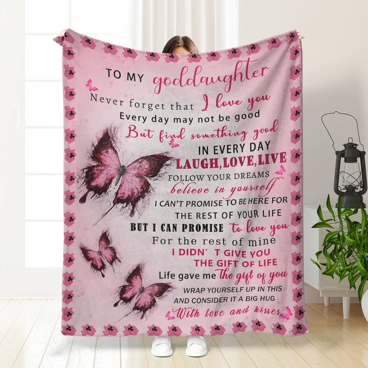 Goddaughter Blanket from Godmother, Goddaughter Gifts from Godmother, Gift for God Daughter Birthday, Mother Day, Christmas, Goddaughters Blanket, Pink Butterfly, Slogan Print Soft Cozy Blanket, Heartwarming Blanket Gift