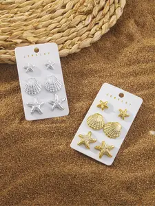 Women's Starfish Shell Design Earrings Set, Summer Ocean Style Beach Jewelry Gift, Casual Alloy Ear Studs for All Seasons, Seashell Earrings