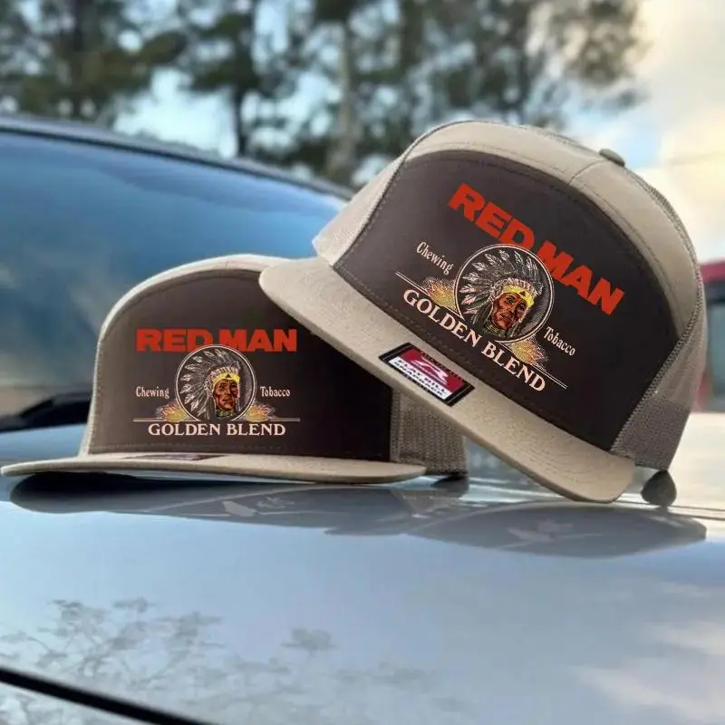 7 Panel RM Chewing Toobacco Trucker Hat - Summer Drinking Cap Tan Camo Snapback Hat for Hunting and Partying Vintage Golden Blend