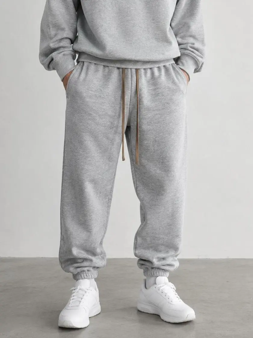 Men's Oversized fw24 Light Heather Gray Sweatpants , Loose-Fit with Gold Loose Drawstrings Elastic Waist Cuffed Ankle Loose Streetwear Sports Trousers with Side Pockets